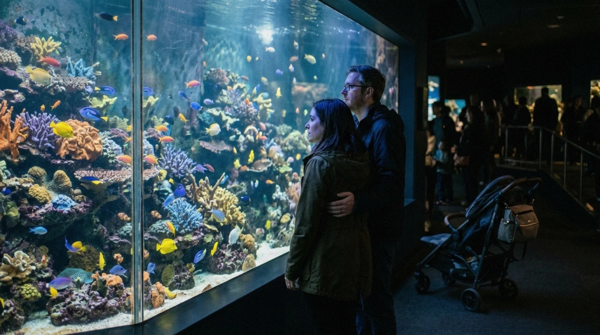 Visitors watching a large reef tank in a Seoul aquarium, weighing whether COEX Aquarium is worth it